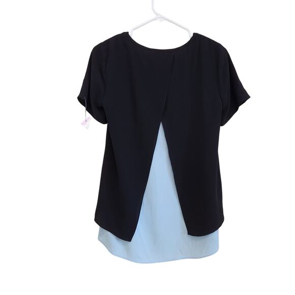 Michael Kors Colorblock Short Sleeve Layered Blouse Hi Low Hem Navy Blue Size XS - Picture 2 of 8